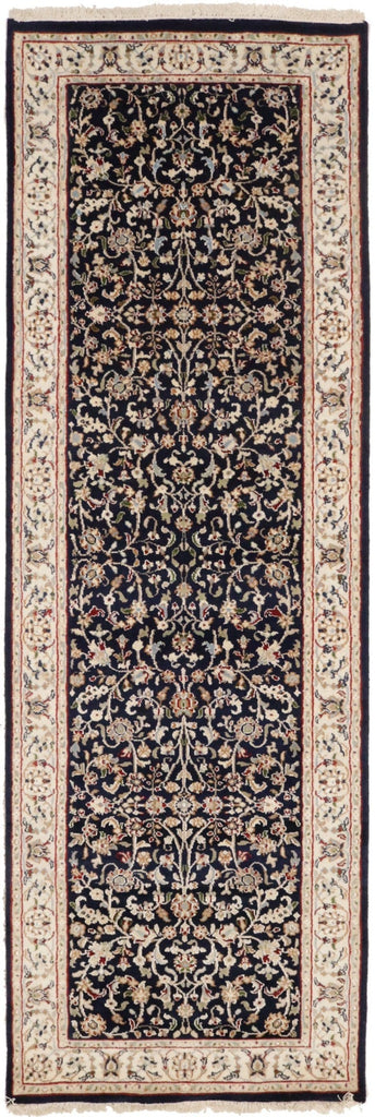 Dark Navy Floral 3X8 Indo-Nain Oriental Runner Rug