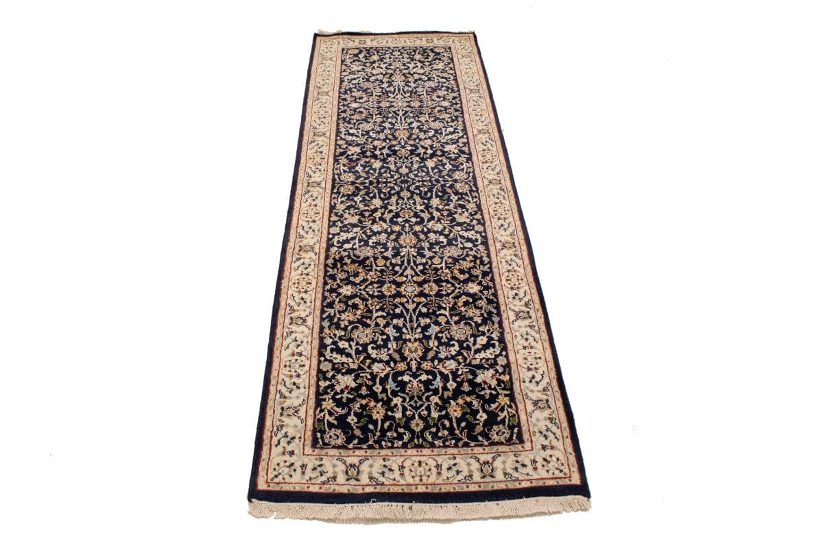 Dark Navy Floral 3X8 Indo-Nain Oriental Runner Rug