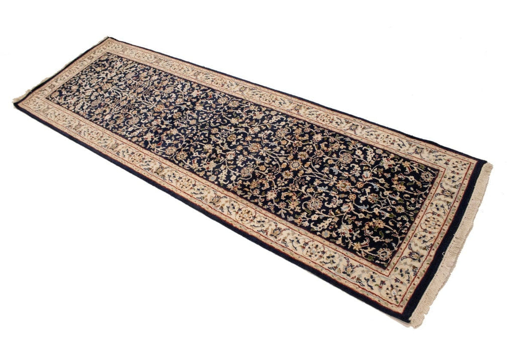 Dark Navy Floral 3X8 Indo-Nain Oriental Runner Rug