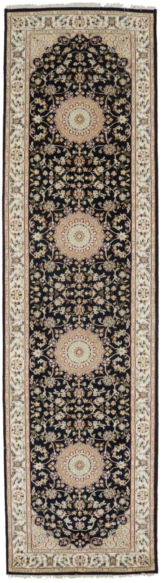 Dark Navy Floral 3X10 Indo-Nain Oriental Runner Rug