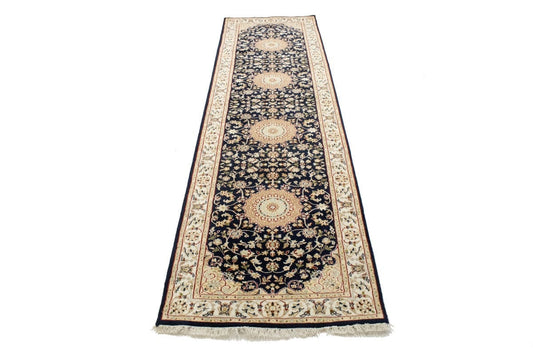 Dark Navy Floral 3X10 Indo-Nain Oriental Runner Rug