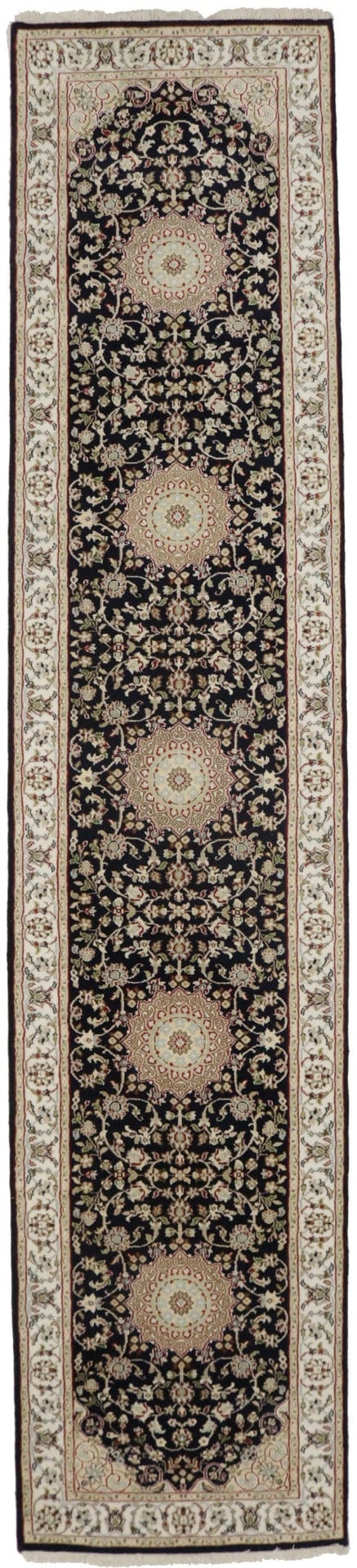 Dark Navy Floral 3X12 Indo-Nain Oriental Runner Rug