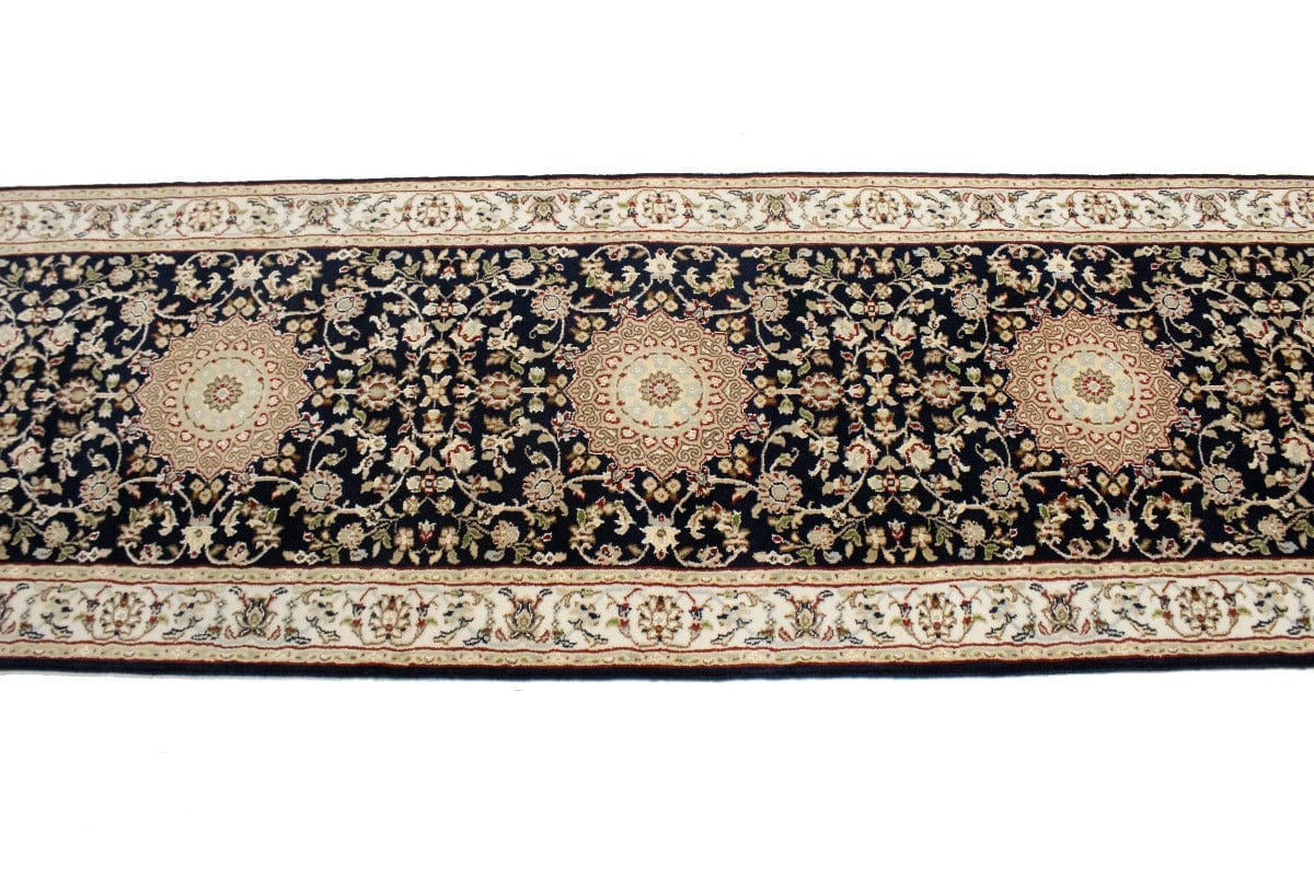 Dark Navy Floral 3X12 Indo-Nain Oriental Runner Rug