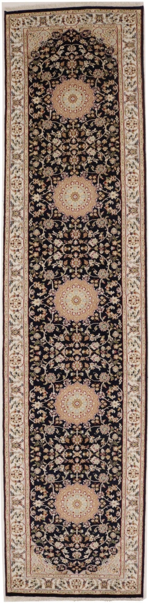 Dark Navy Floral 3X12 Indo-Nain Oriental Runner Rug