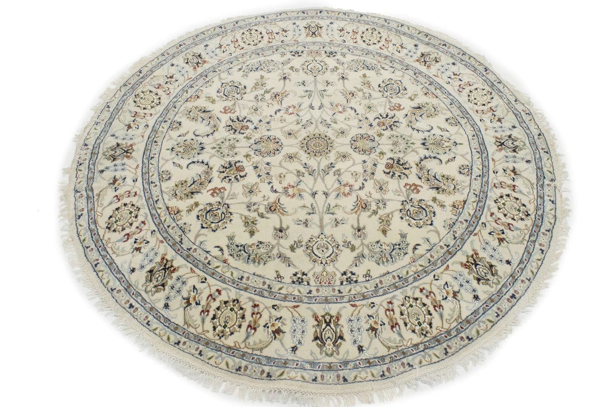 Cream Floral 6X6 Indo-Nain Oriental Round Rug