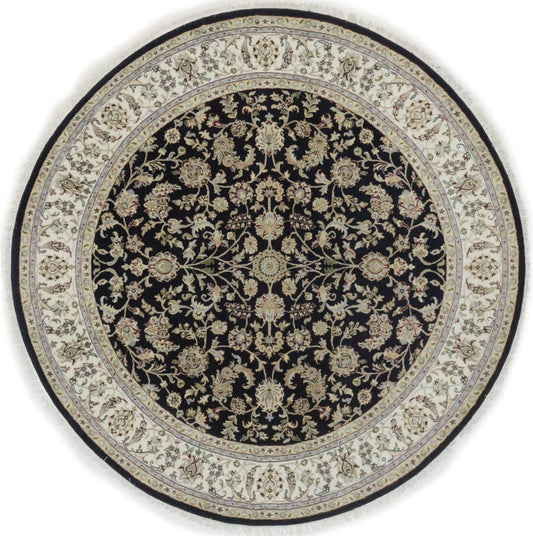 Dark Navy Floral 7X7 Indo-Nain Oriental Round Rug