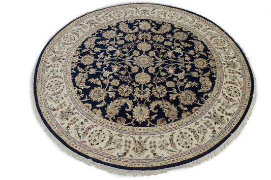 Dark Navy Floral 6X6 Indo-Nain Oriental Round Rug