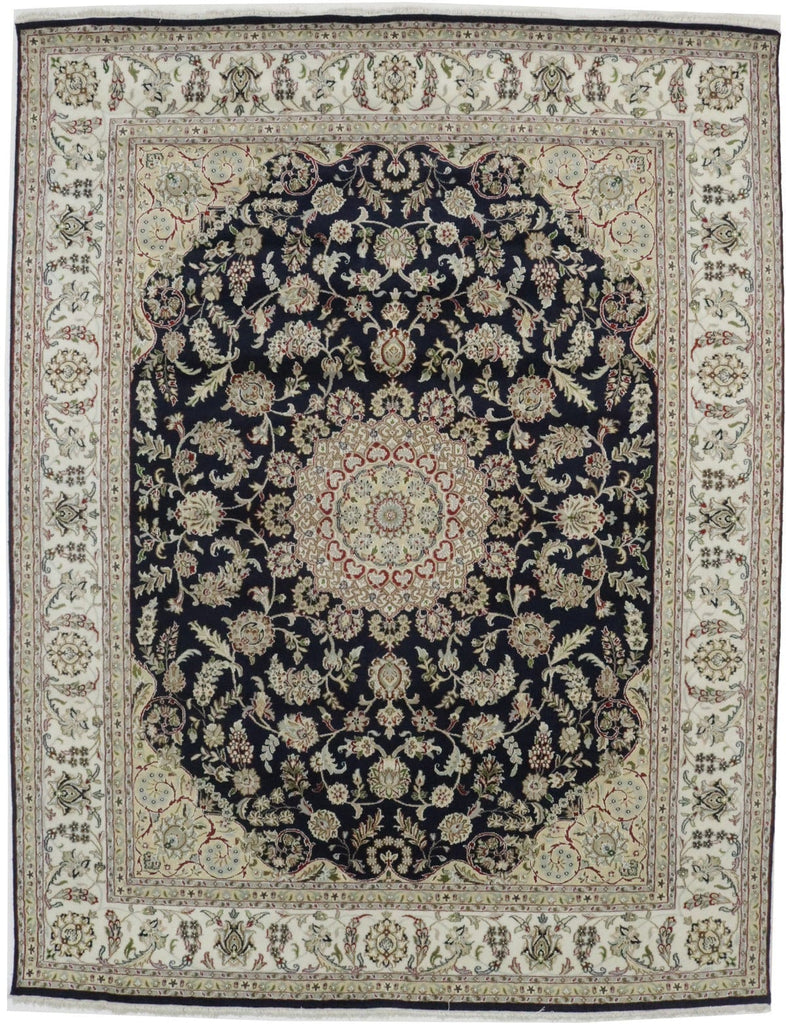 Dark Navy Floral 8X10 Indo-Nain Oriental Rug