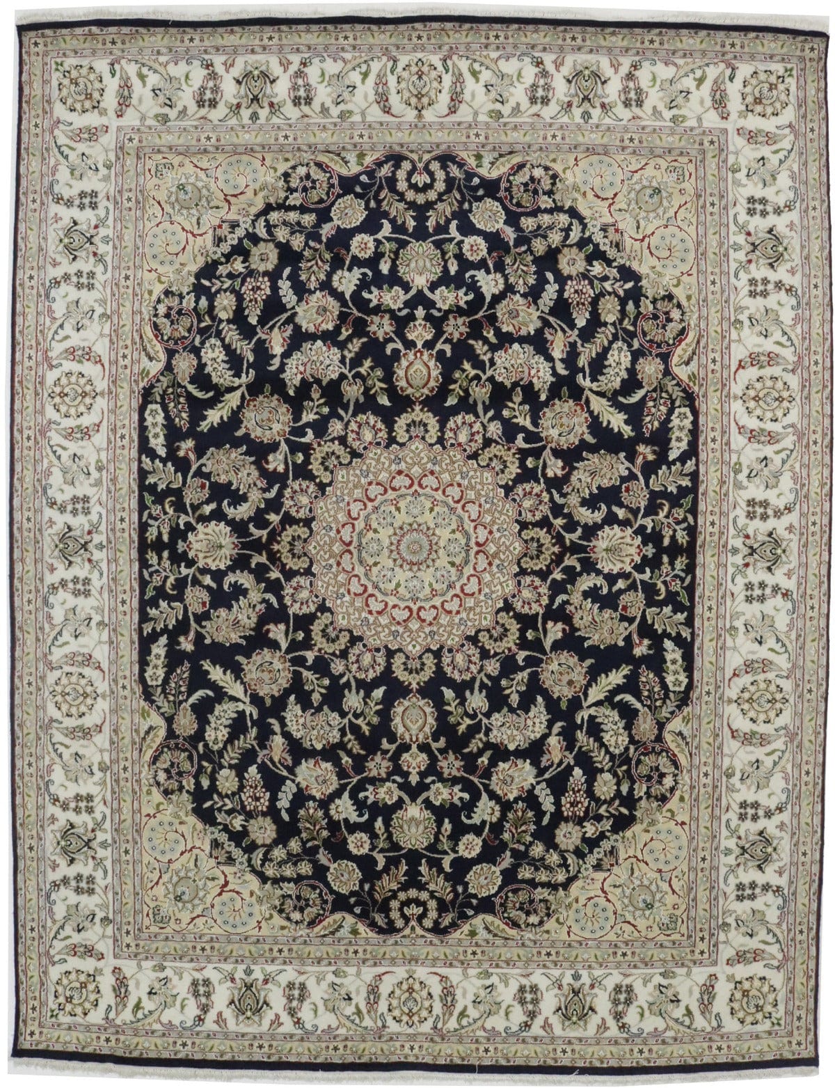 Dark Navy Floral 8X10 Indo-Nain Oriental Rug