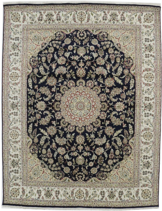 Dark Navy Floral 8X10 Indo-Nain Oriental Rug