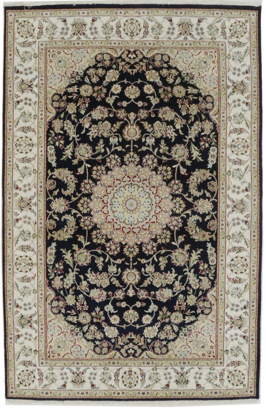 Dark Navy Floral 5X8 Indo-Nain Oriental Rug