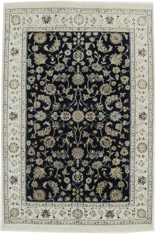 Dark Navy Floral 4X6 Indo-Nain Oriental Rug