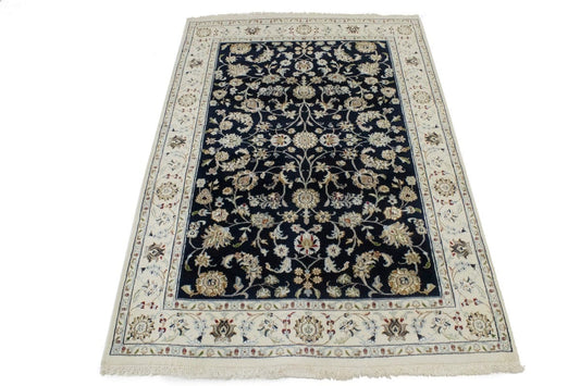 Dark Navy Floral 4X6 Indo-Nain Oriental Rug