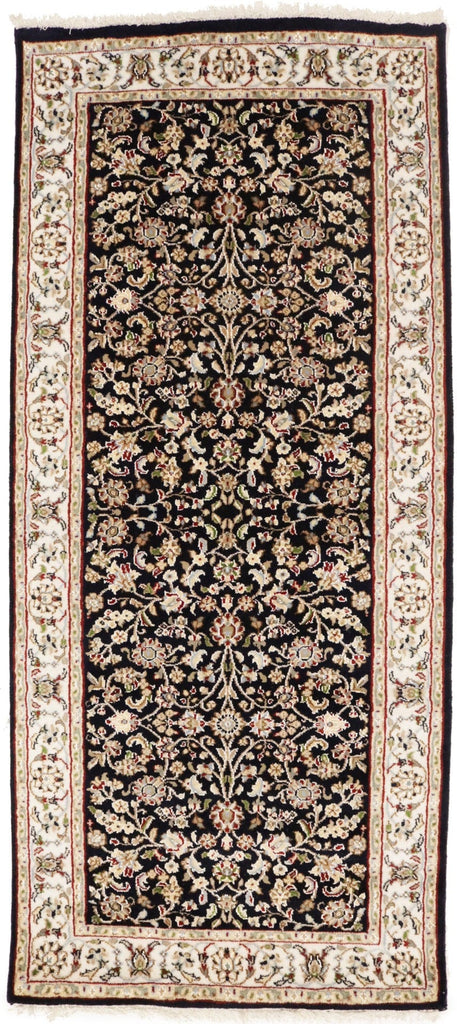 Dark Navy Floral 3X6 Indo-Nain Oriental Runner Rug