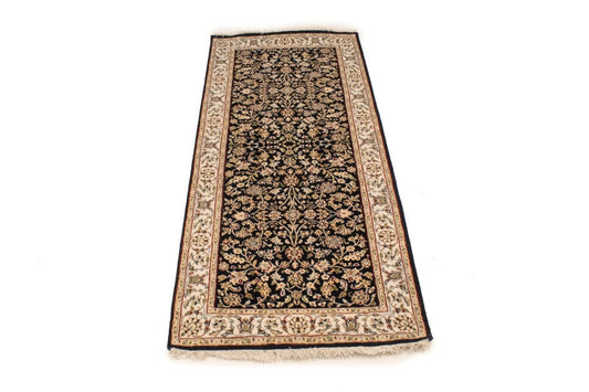 Dark Navy Floral 3X6 Indo-Nain Oriental Runner Rug