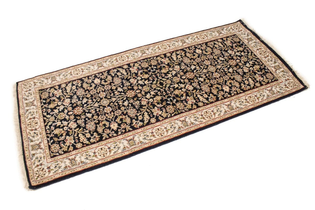 Dark Navy Floral 3X6 Indo-Nain Oriental Runner Rug