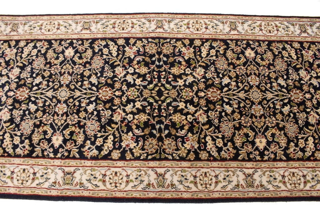 Dark Navy Floral 3X6 Indo-Nain Oriental Runner Rug