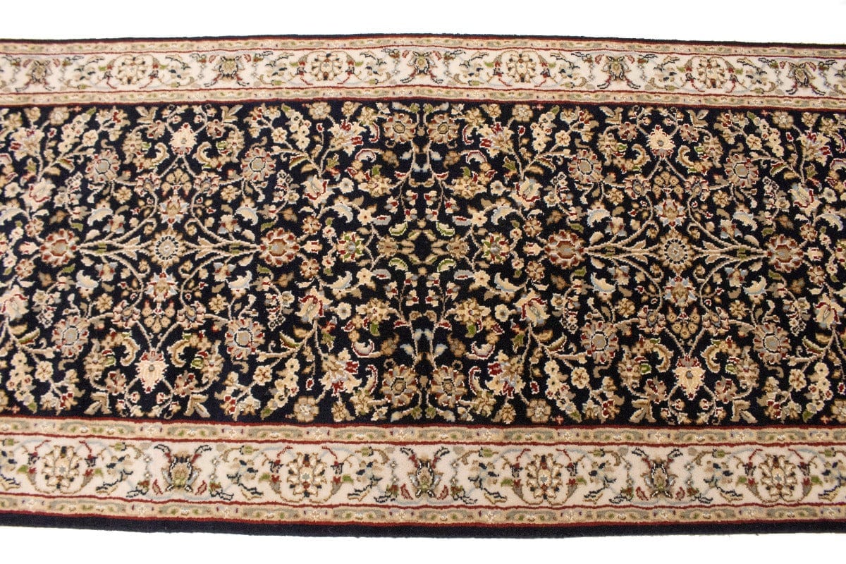 Dark Navy Floral 3X6 Indo-Nain Oriental Runner Rug