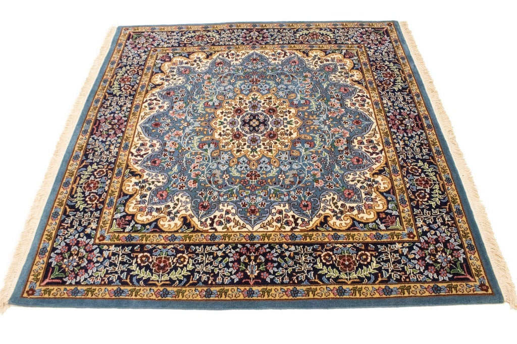 Teal Blue Floral Kirman 5X5 Oriental Square Rug