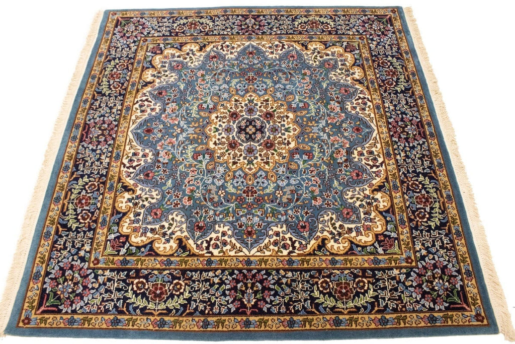 Teal Blue Floral Kirman 5X5 Oriental Square Rug