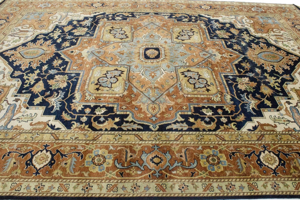 Dark Navy Geometric 10X14 Heriz Serapi Oriental Rug