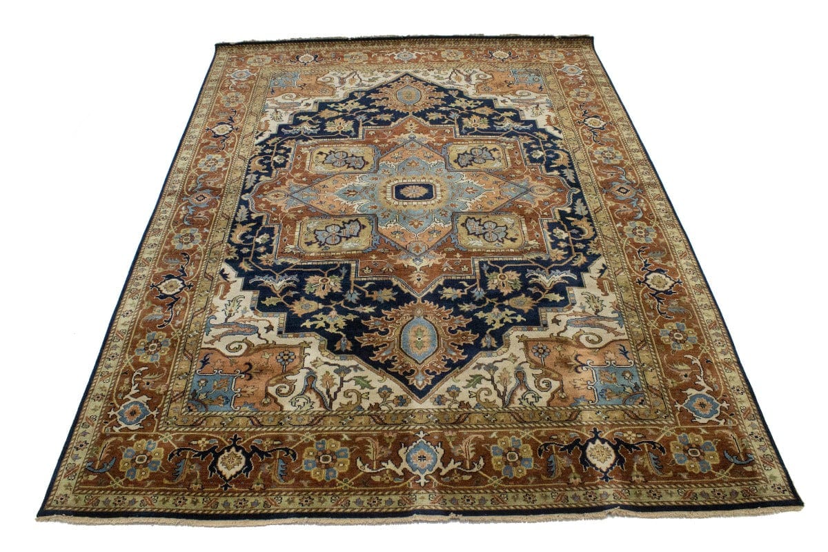 Dark Navy Geometric 9X12 Heriz Serapi Oriental Rug