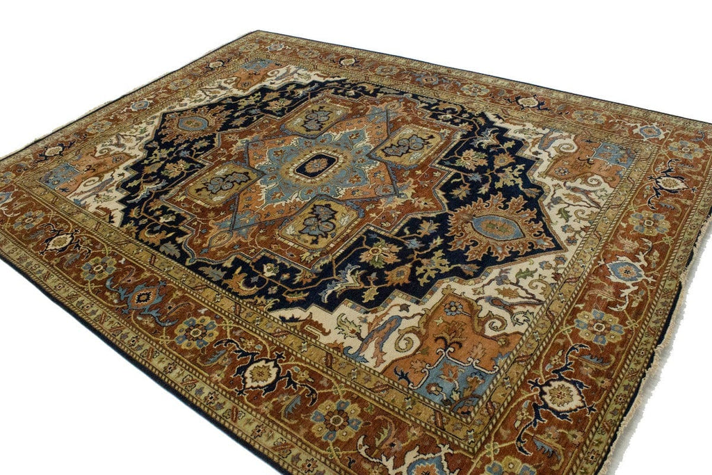 Dark Navy Geometric 9X12 Heriz Serapi Oriental Rug