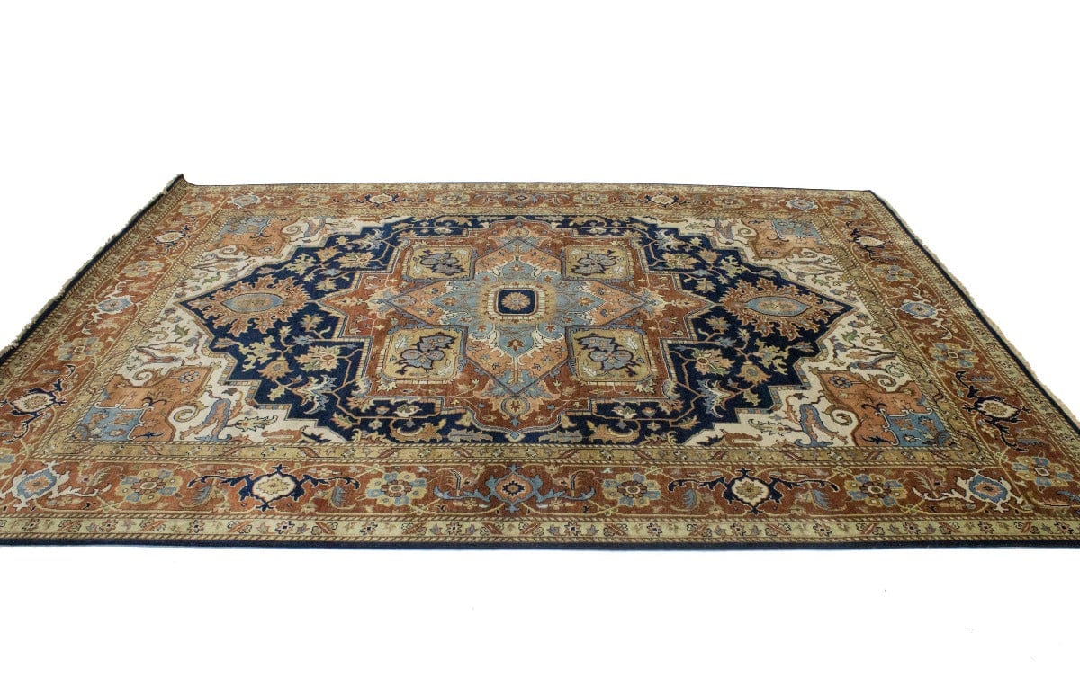 Dark Navy Geometric 9X12 Heriz Serapi Oriental Rug