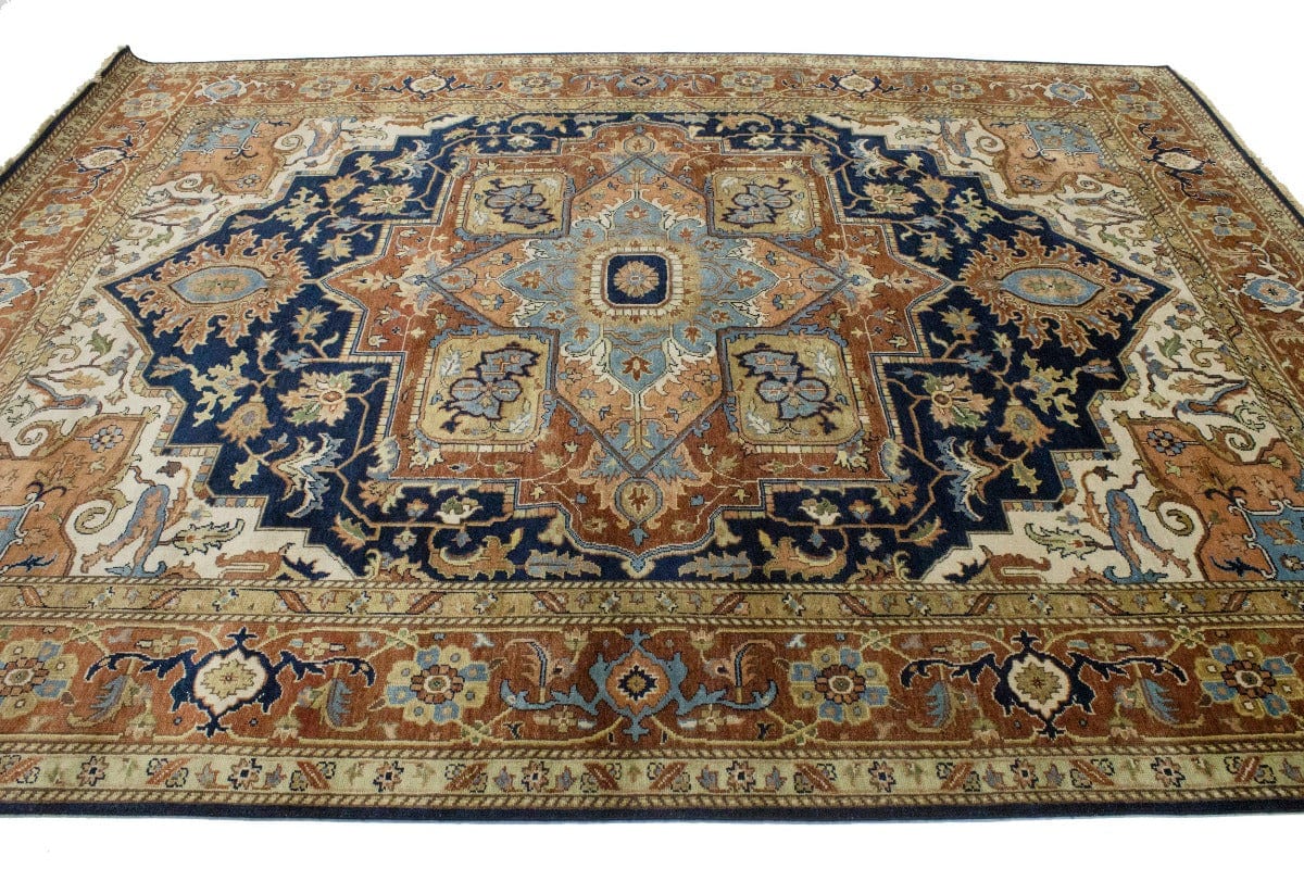 Dark Navy Geometric 9X12 Heriz Serapi Oriental Rug