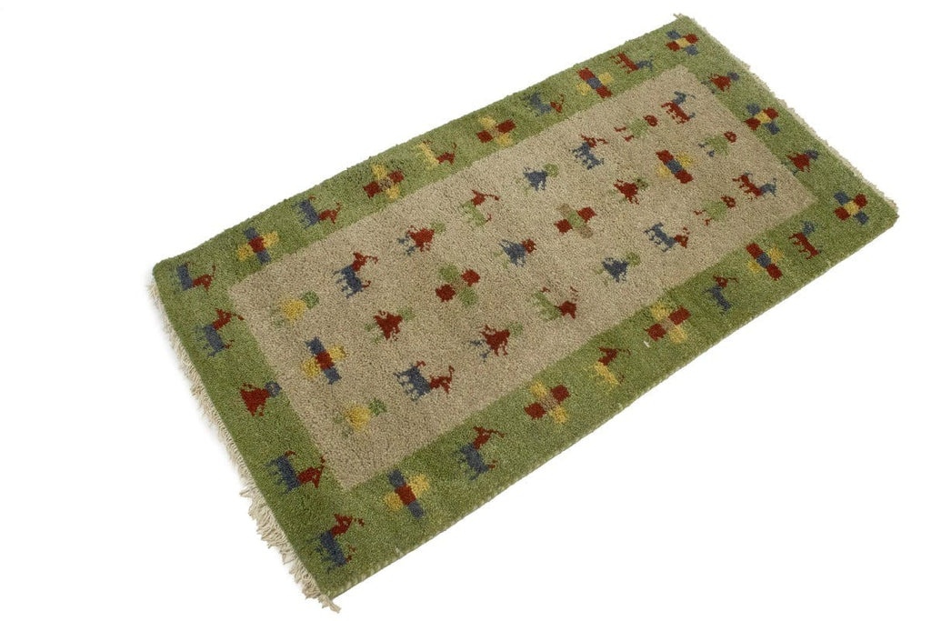 Green & Beige Tribal Border 2X4 Indo-Gabbeh Oriental Rug