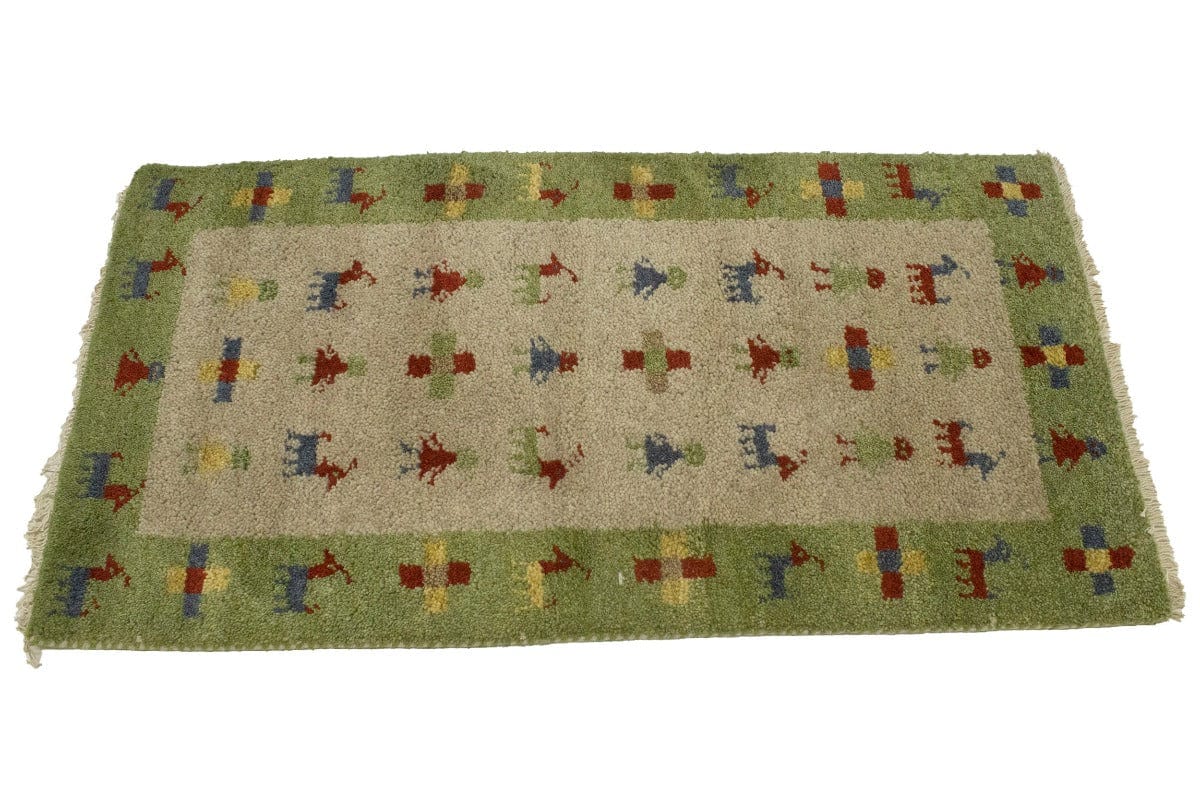 Green & Beige Tribal Border 2X4 Indo-Gabbeh Oriental Rug