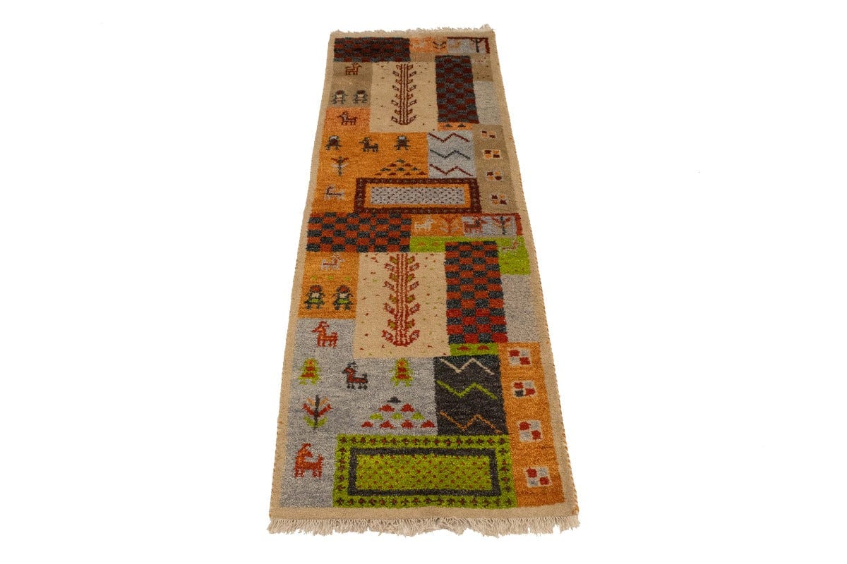 Multicolored Tribal Pictorial 2X6 Indo-Gabbeh Oriental Rug