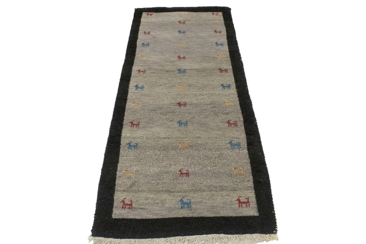 Gray & Charcoal Border 2'6X6'6 Indo-Gabbeh Oriental Runner Rug