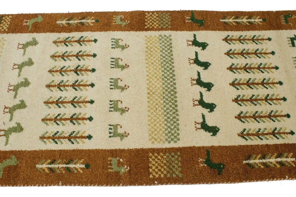 Cream Border Tribal 2'7X6'7 Indo-Gabbeh Oriental Runner Rug