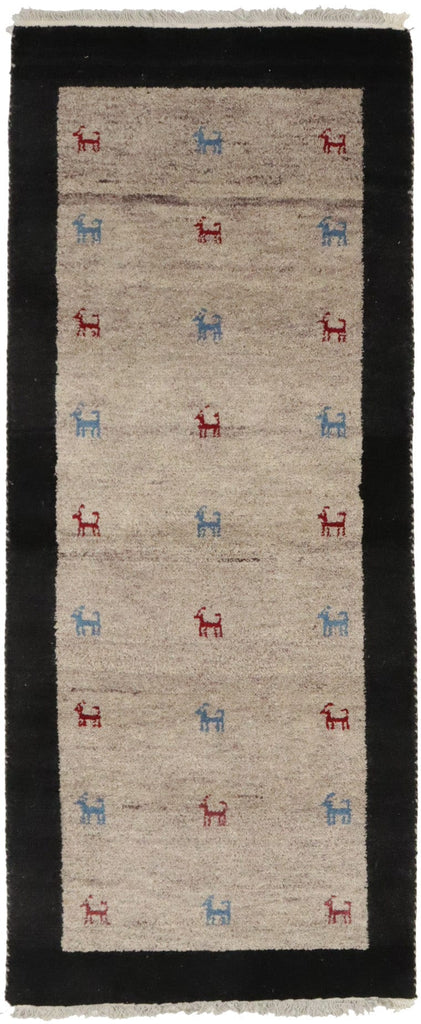 Beige Charcoal Border Tribal 2'6X6'2 Indo-Gabbeh Oriental Rug