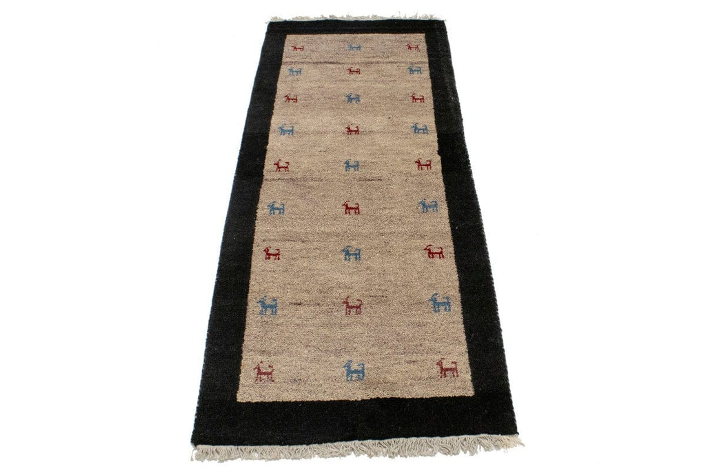 Beige Charcoal Border Tribal 2'6X6'2 Indo-Gabbeh Oriental Rug