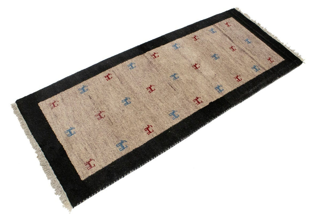 Beige Charcoal Border Tribal 2'6X6'2 Indo-Gabbeh Oriental Rug