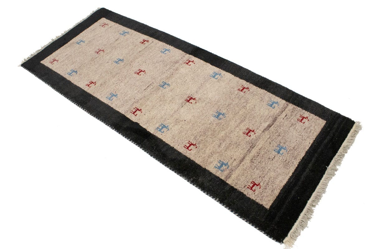 Beige Charcoal Border Tribal 2'6X6'2 Indo-Gabbeh Oriental Rug