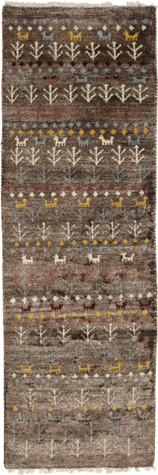 Brown Pictorial Tribal 3X8 Indo-Gabbeh Oriental Runner Rug