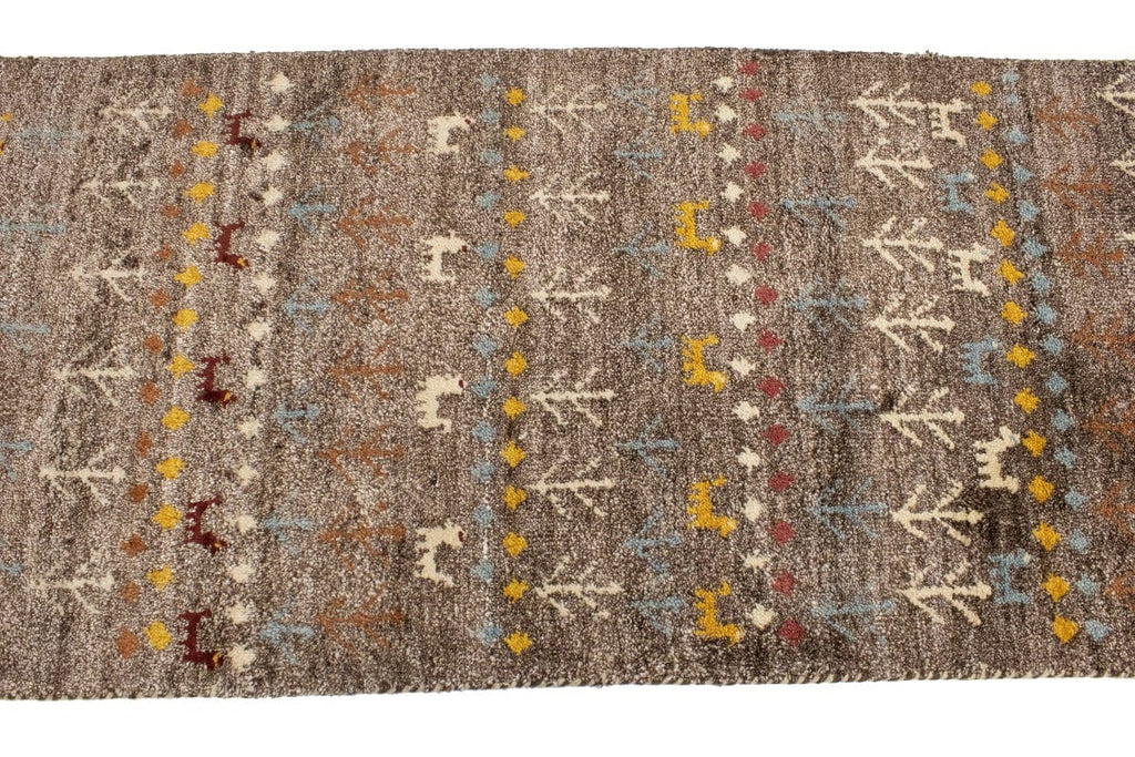 Brown Pictorial Tribal 3X8 Indo-Gabbeh Oriental Runner Rug