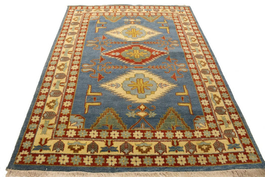 Blue Geometric 6X8 Kazak Oriental Rug