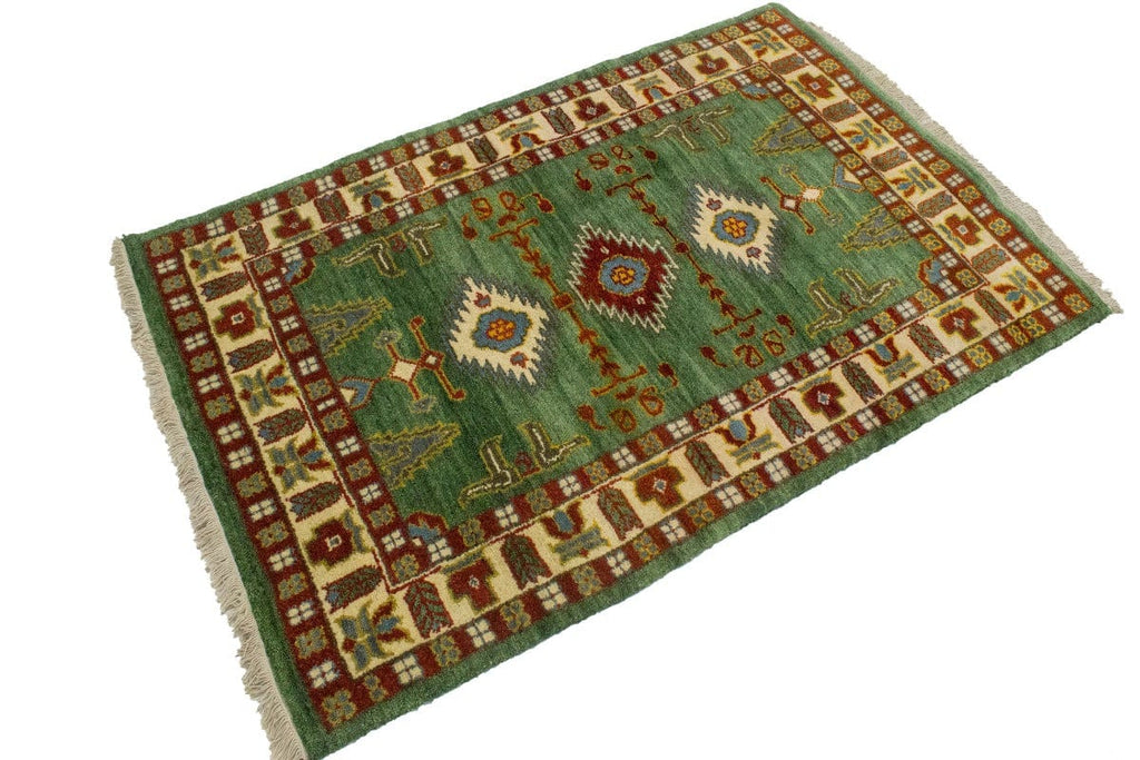 Green Geometric 3X5 Kazak Oriental Rug