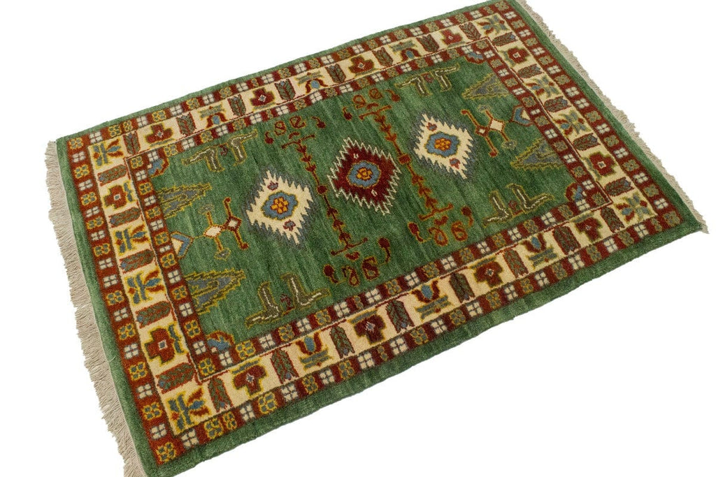 Green Geometric 3X5 Kazak Oriental Rug