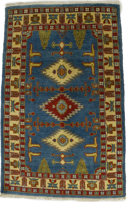 Blue Geometric 3X5 Kazak Oriental Rug