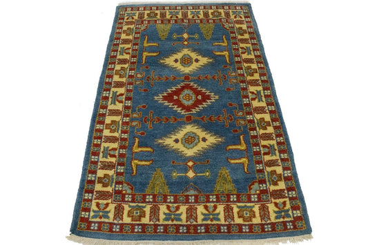 Blue Geometric 3X5 Kazak Oriental Rug