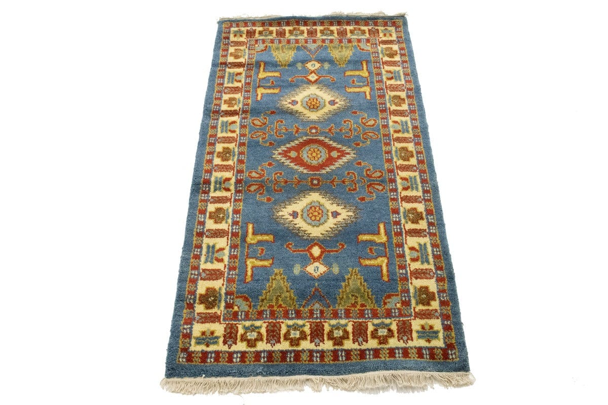 Blue Geometric 2'7X4'8 Kazak Oriental Rug