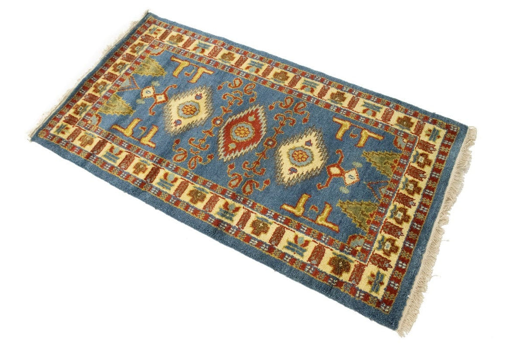 Blue Geometric 2'7X4'8 Kazak Oriental Rug