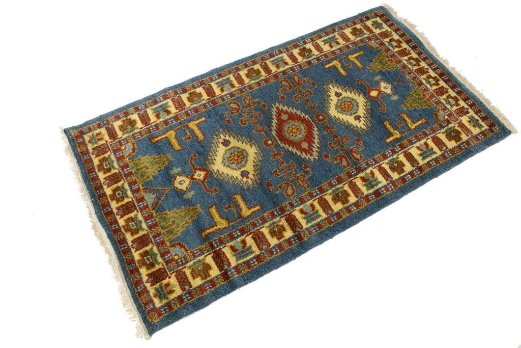 Blue Geometric 2'7X4'8 Kazak Oriental Rug