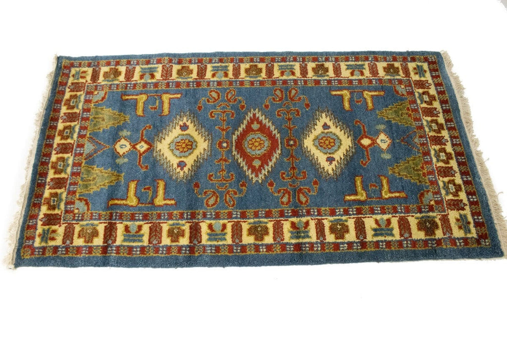 Blue Geometric 2'7X4'8 Kazak Oriental Rug