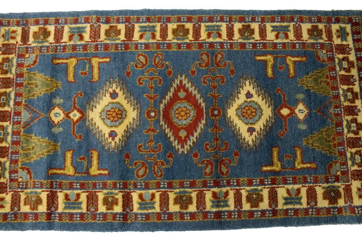 Blue Geometric 2'7X4'8 Kazak Oriental Rug